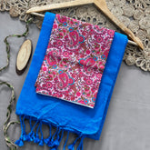 Light Blue Handloom Cotton Saree With Multi Clr Mango Print Blouse